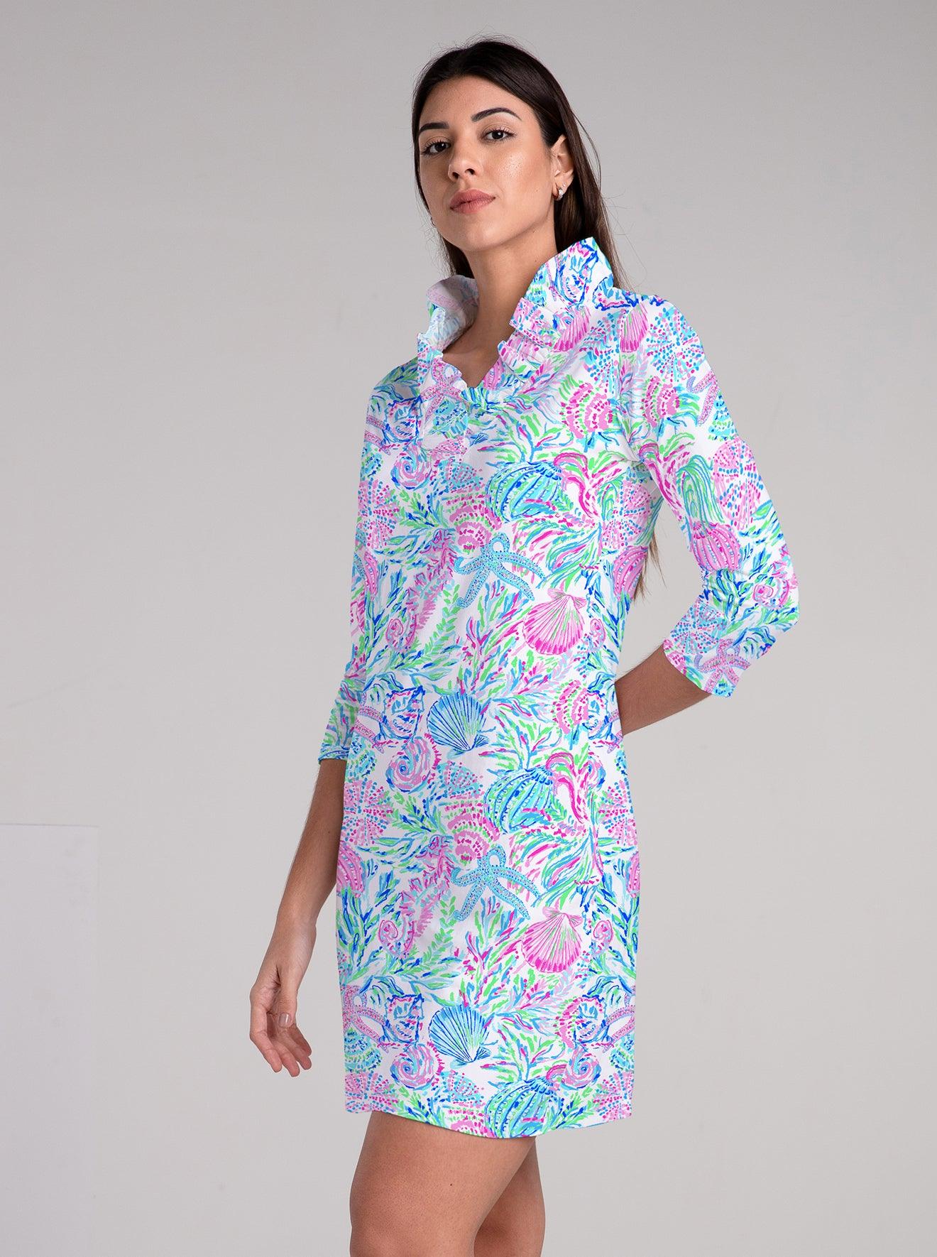 Bimini Reef Print Cotton Knit 3/4 Sleeve Ruffle Portrait Neck Dress