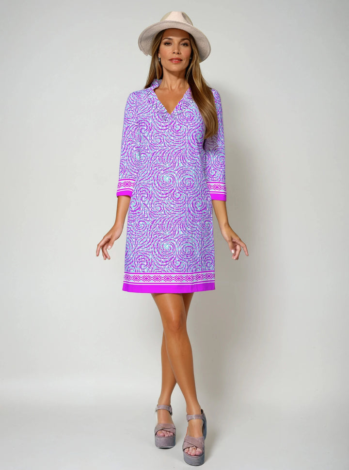 Whirlwind Print Cotton Knit 3/4 Sleeve Ruffle Portrait Neck Dress (Regular Fit)