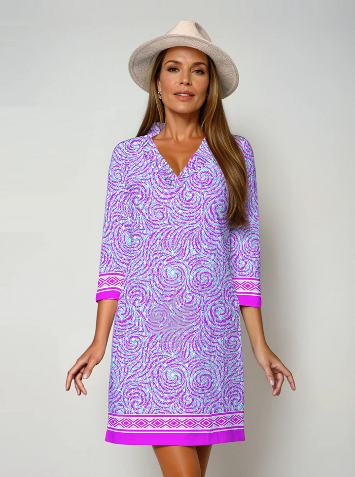 Whirlwind Print Cotton Knit 3/4 Sleeve Ruffle Portrait Neck Dress (Regular Fit)
