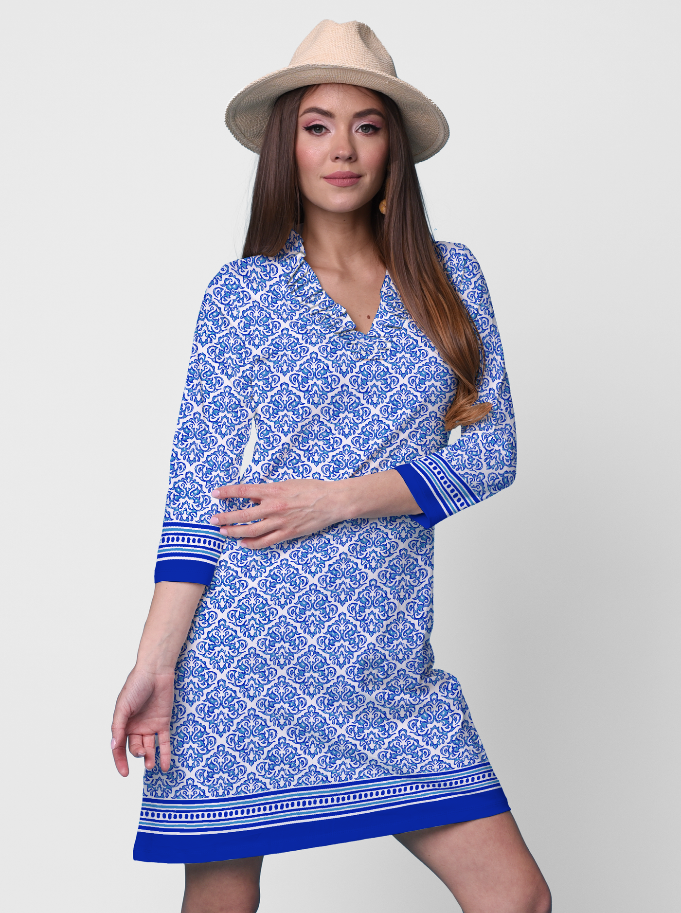 Fobia Print Cotton Knit 3/4 Sleeve Ruffle Portrait Neck Dress (Regular Fit)