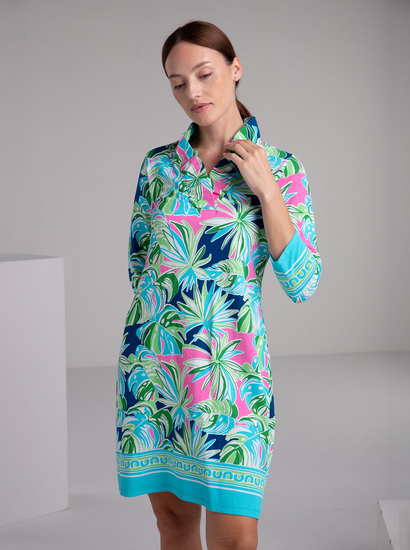 Palm Forest Print Cotton Knit 3/4 Sleeve Ruffle Portrait Neck Dress