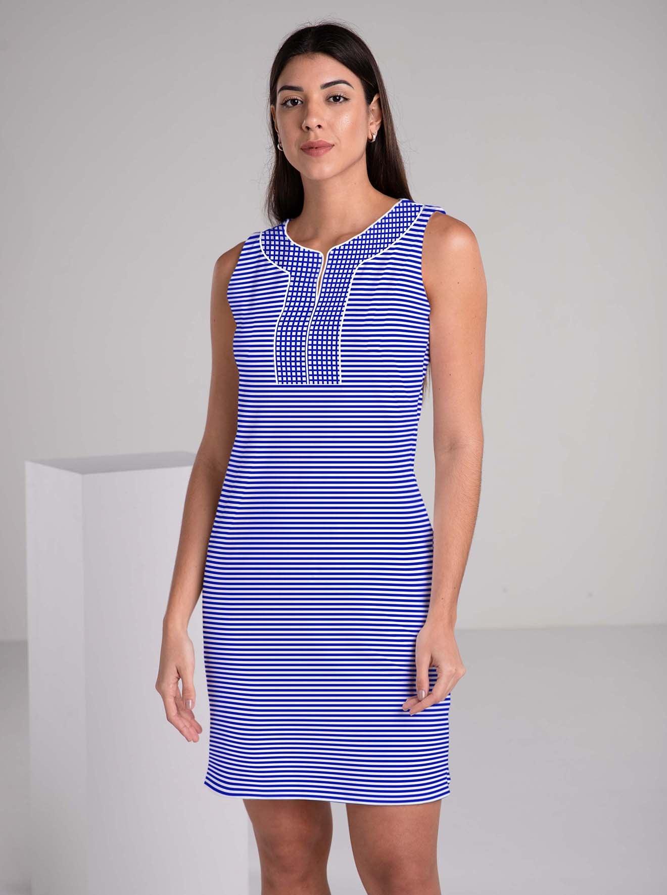 Printed Sleeveless Slit Neck Dress With Accent Front & Piping - Rezobay