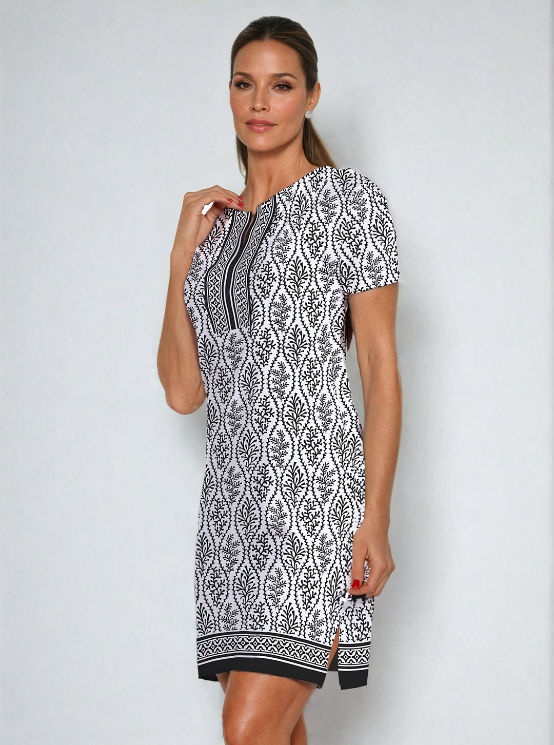 St. Lucia Print Cotton Knit Half Sleeve Slit Neck Dress (Regular Fit)