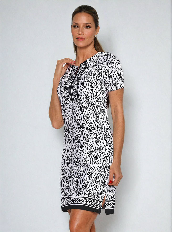 St. Lucia Print Cotton Knit Half Sleeve Slit Neck Dress (Regular Fit)