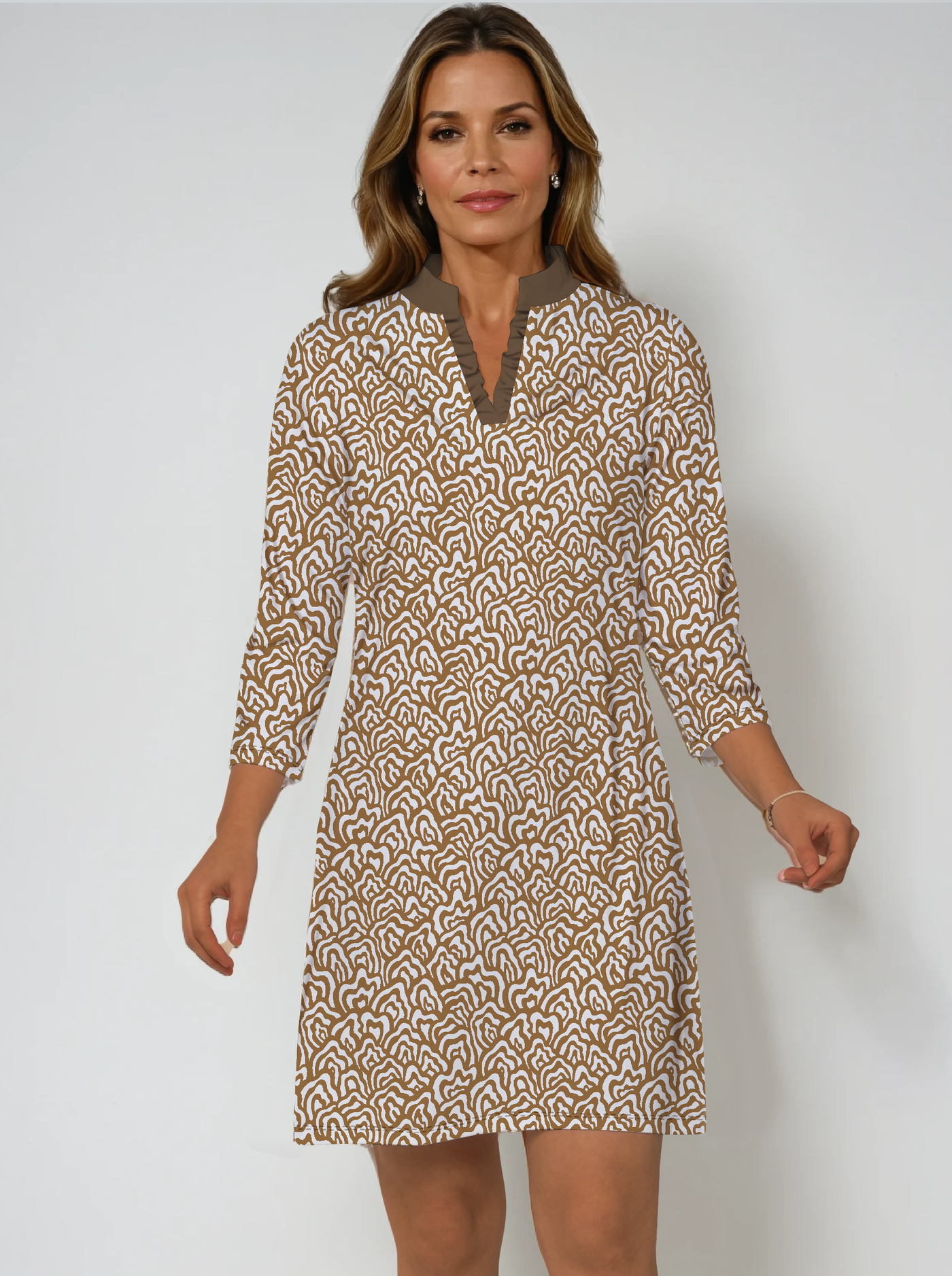 Mood Waves Print Cotton Knit 3/4 Sleeve Ruffle Placket Mock Neck Dress (Slim Fit)
