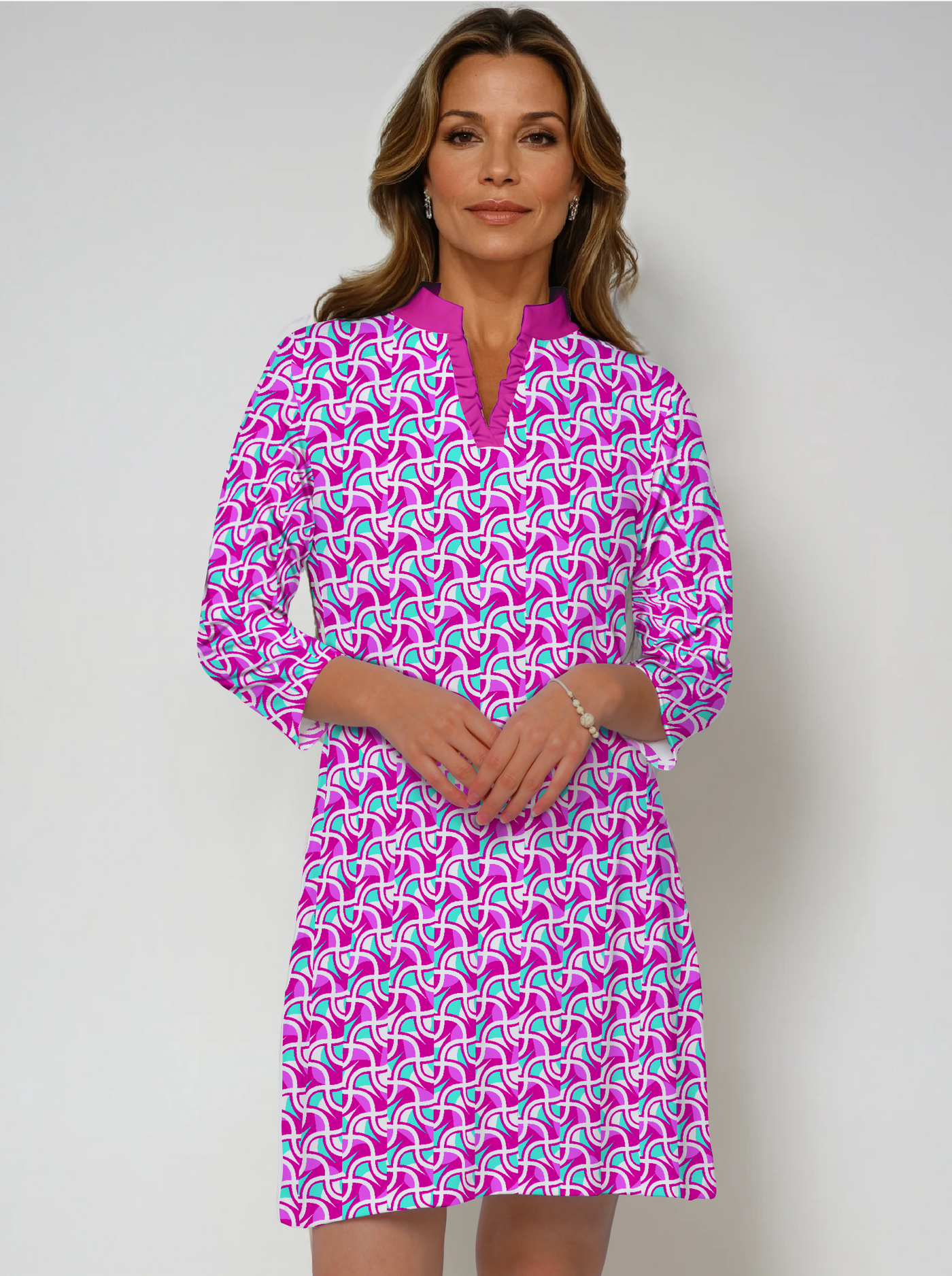 Sylvania Print Cotton Knit 3/4 Sleeve Ruffle Placket Mock Neck Dress (Slim Fit)