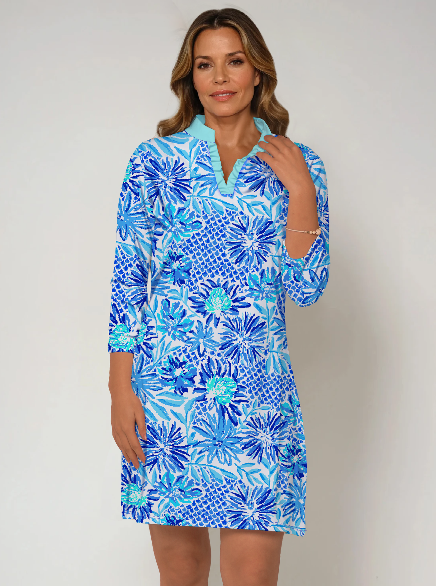 Nylon 3/4 Sleeve Ruffle Placket Mock Neck Dress (Slim Fit)