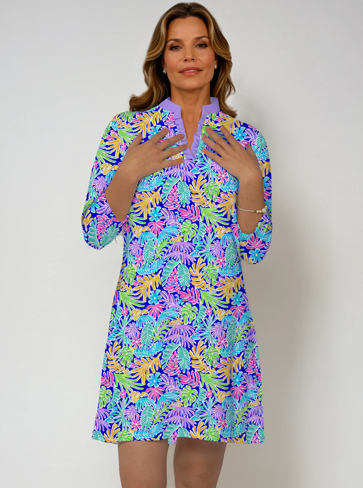 Nylon 3/4 Sleeve Ruffle Placket Mock Neck Dress (Slim Fit)