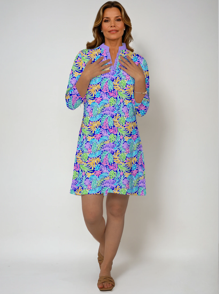 Nylon 3/4 Sleeve Ruffle Placket Mock Neck Dress (Slim Fit)