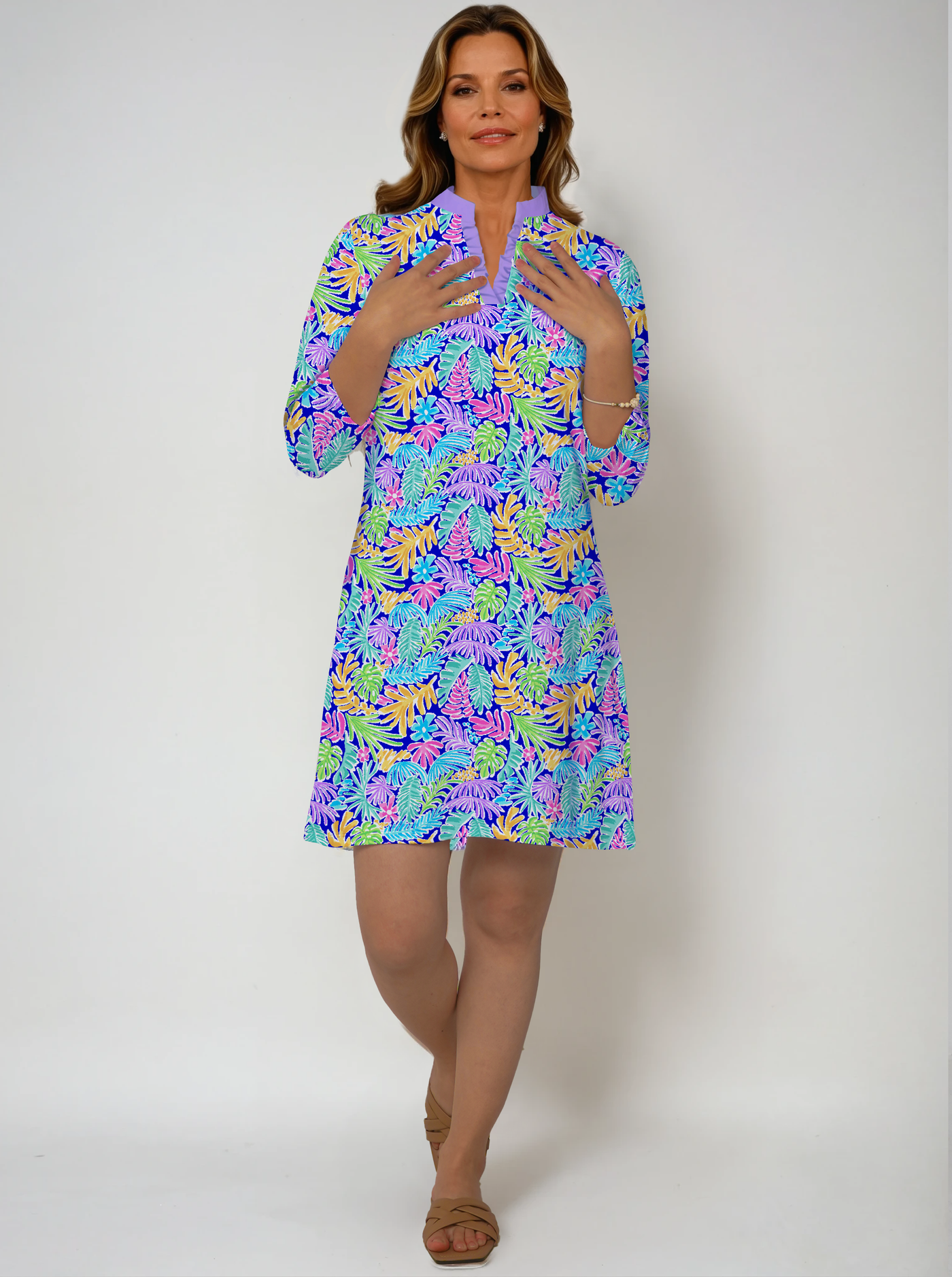 Nylon 3/4 Sleeve Ruffle Placket Mock Neck Dress (Slim Fit)