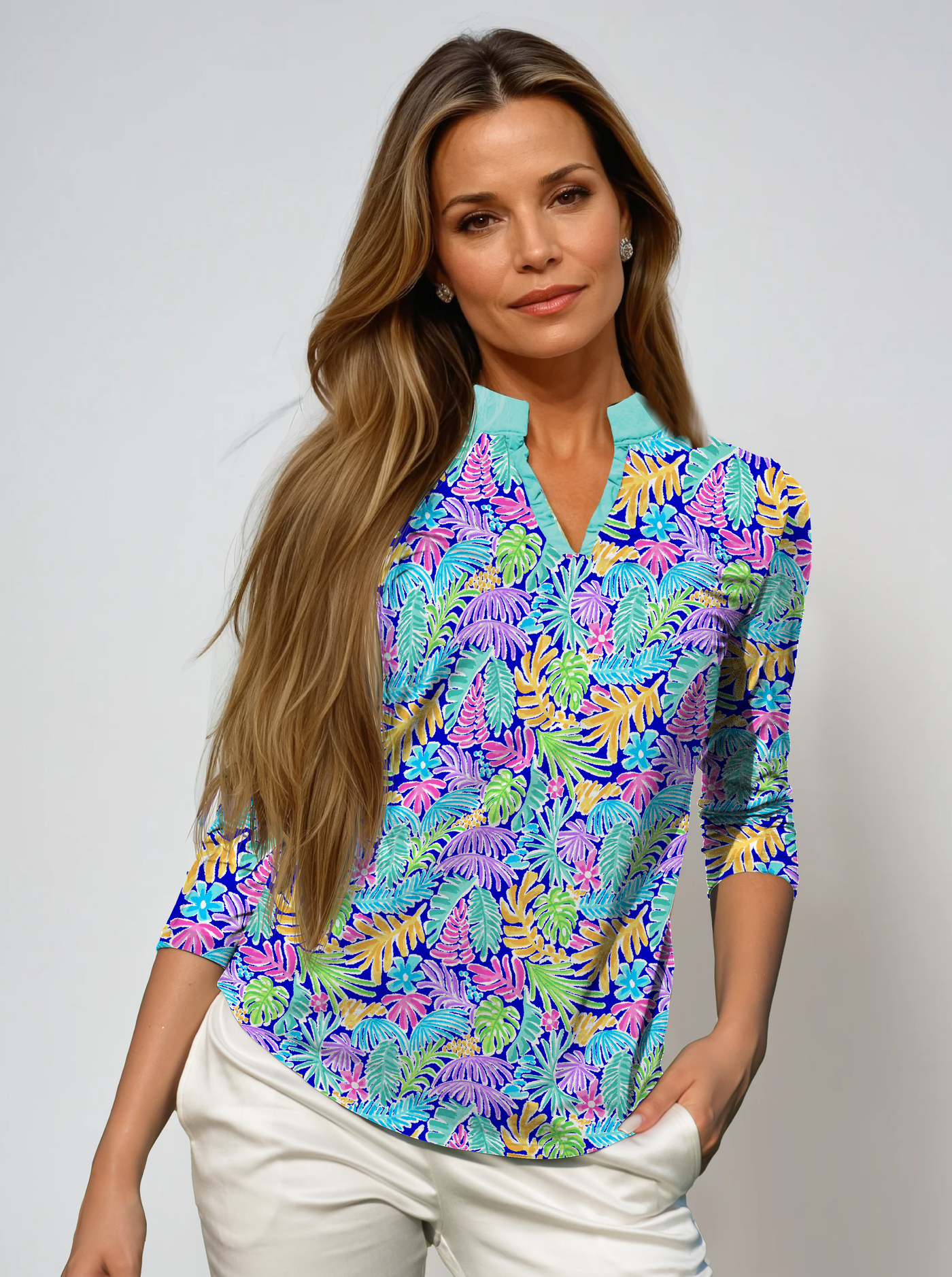 Nylon 3/4 Sleeve Ruffle Placket Mock Top