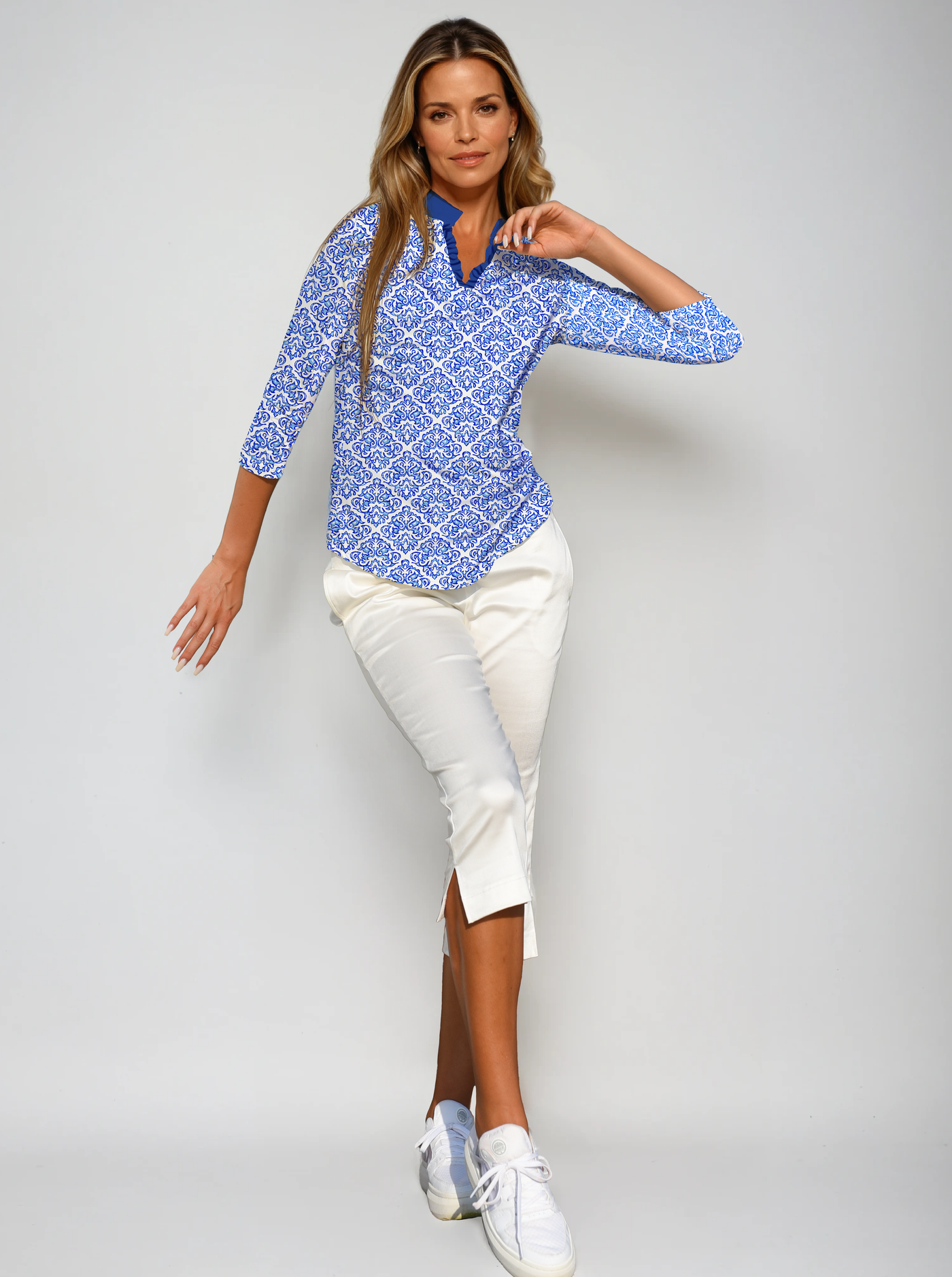 Fobia Print Cotton Knit 3/4 Sleeve Ruffle Placket Mock Top