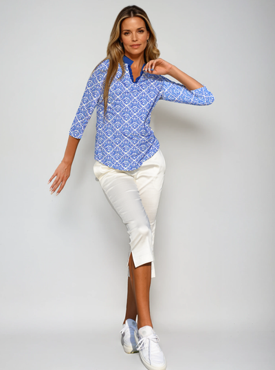 Fobia Print Cotton Knit 3/4 Sleeve Ruffle Placket Mock Top