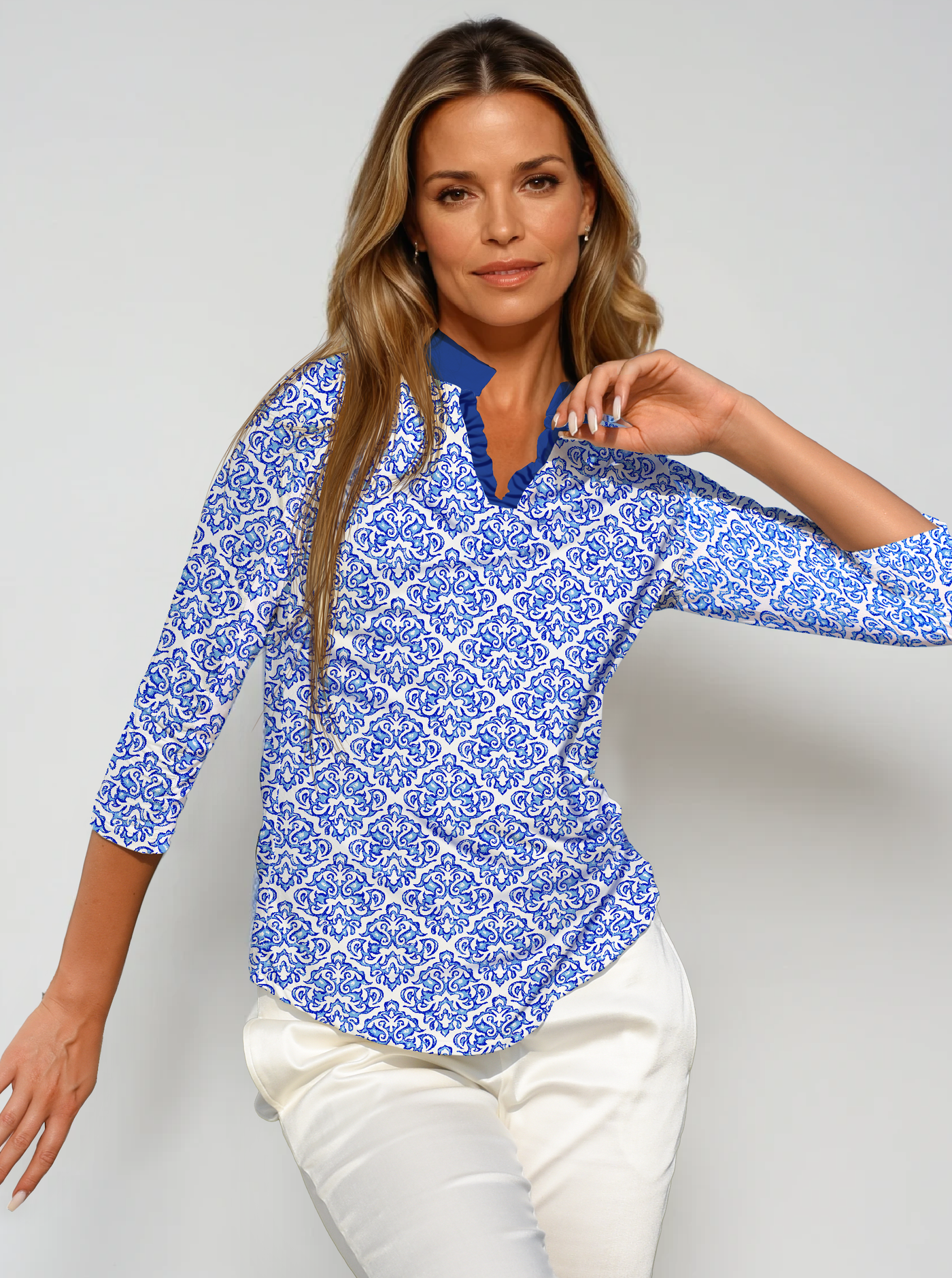 Fobia Print Cotton Knit 3/4 Sleeve Ruffle Placket Mock Top