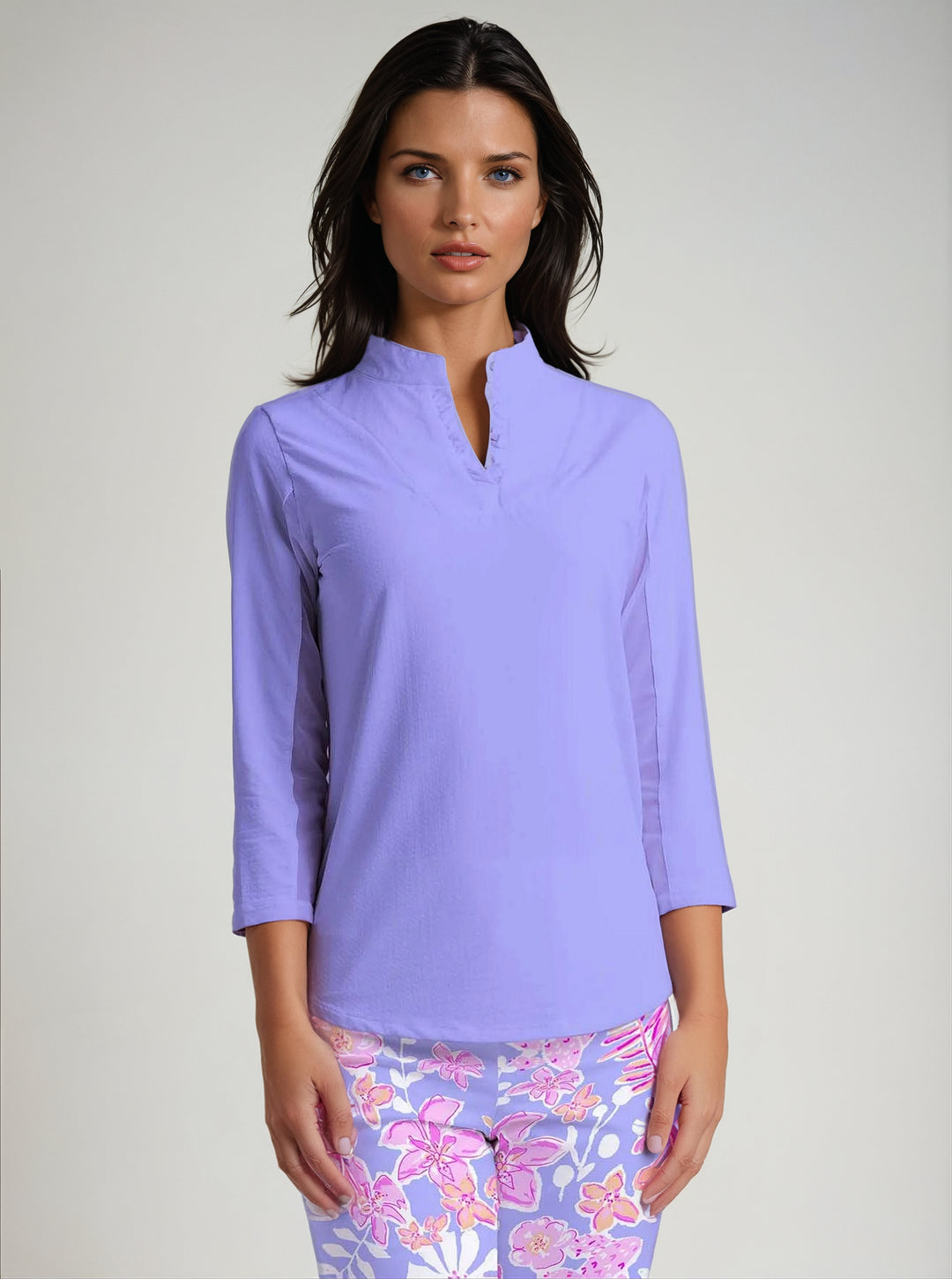 Solid 3/4 Sleeve Ruffle Placket Mock Top - Rezobay