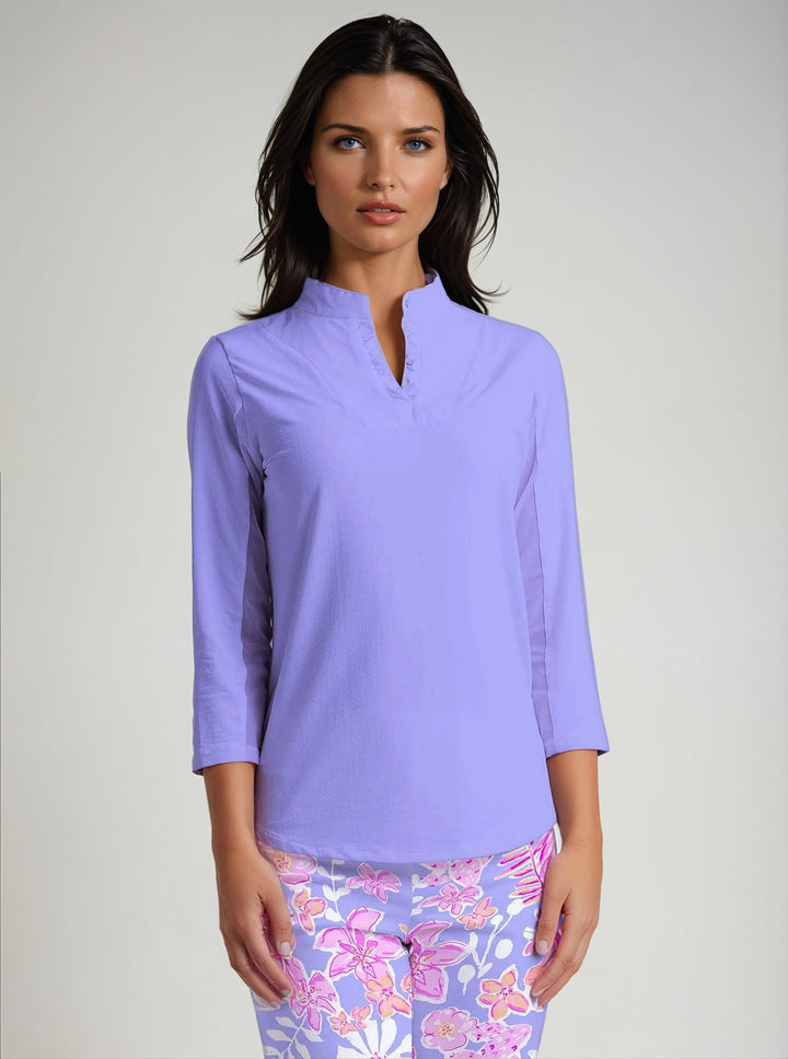 Solid 3/4 Sleeve Ruffle Placket Mock Top - Rezobay