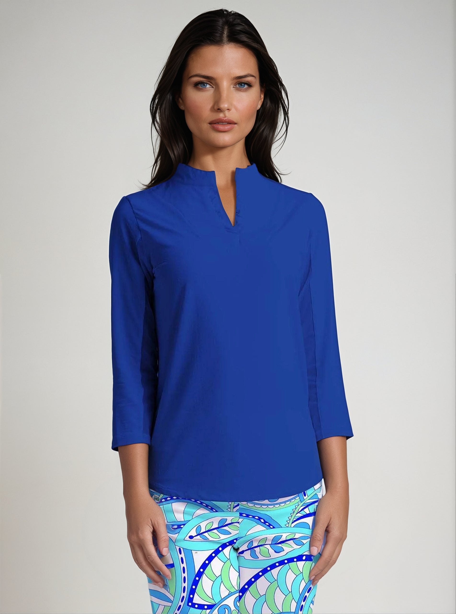 Solid 3/4 Sleeve Ruffle Placket Mock Top – Rezobay