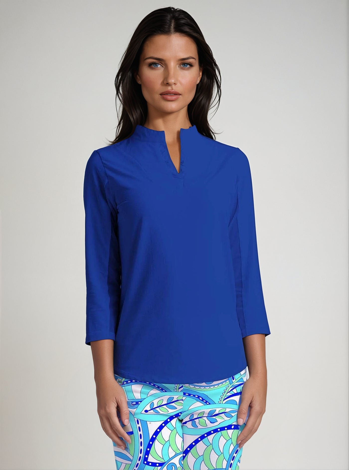 Solid 3/4 Sleeve Ruffle Placket Mock Top - Rezobay