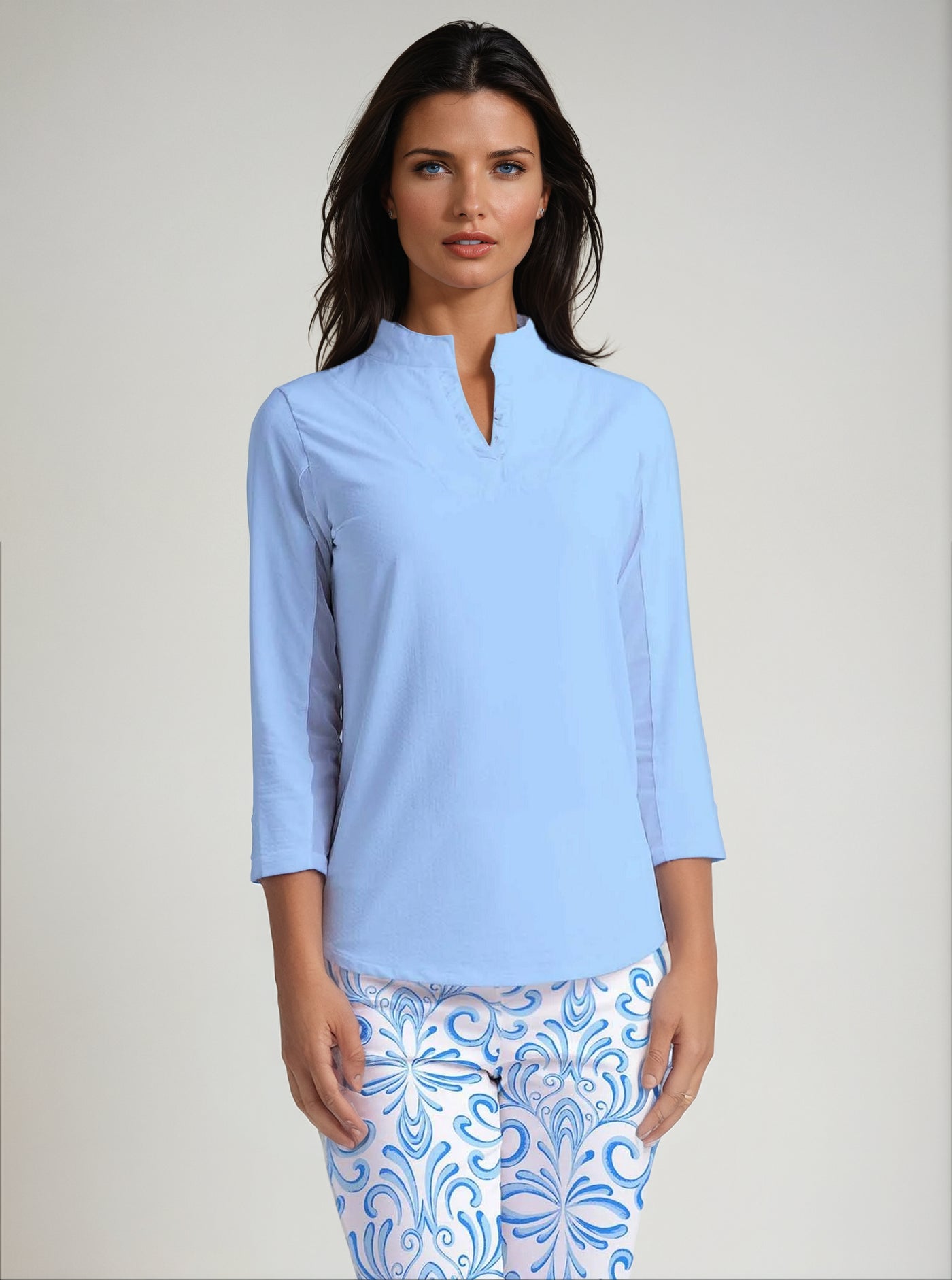 Solid 3/4 Sleeve Ruffle Placket Mock Top - Rezobay