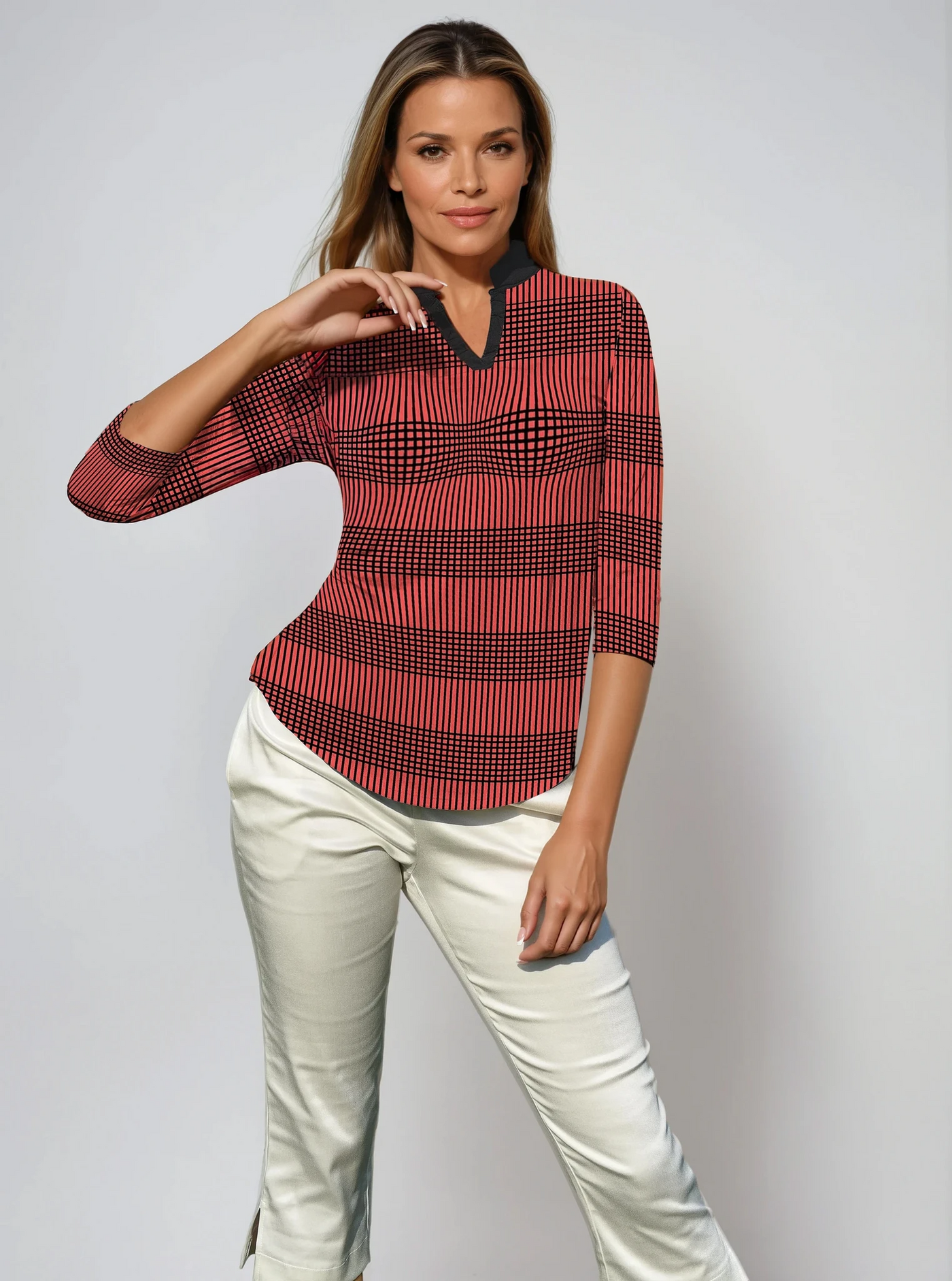 Verona Check & Stripes Print Cotton Knit 3/4 Sleeve Ruffle Placket Mock Top