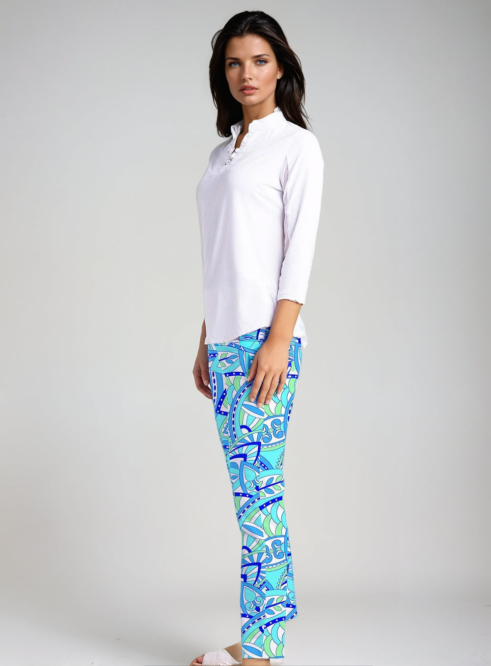Solid 3/4 Sleeve Ruffle Placket Mock Top - Rezobay