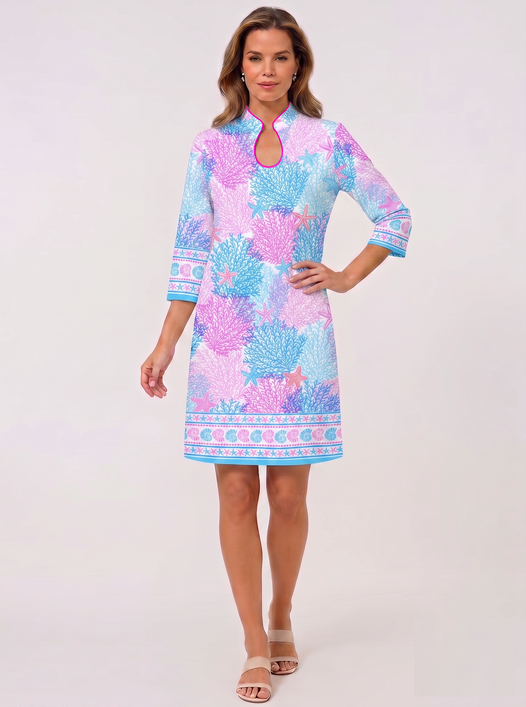 Bimini Dive Print Cotton Knit 3/4 Slit Sleeve Horseshoe Neck Dress (Slim Fit)
