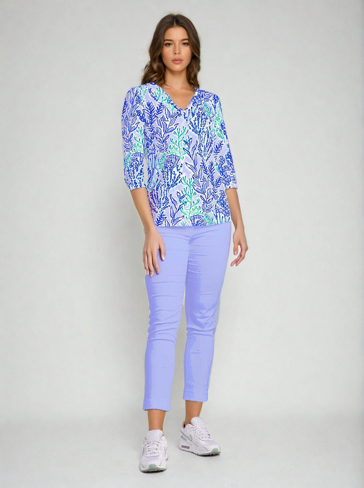 Deep Sea Print Cotton 3/4 Sleeve V-Neck Top