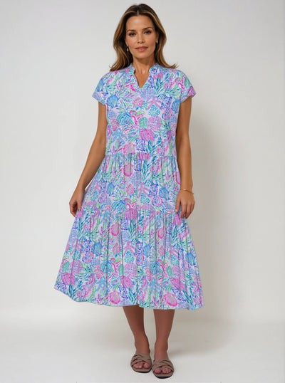 Bimini Reef Print Cap Sleeve Tiered V-Neck Long Dress