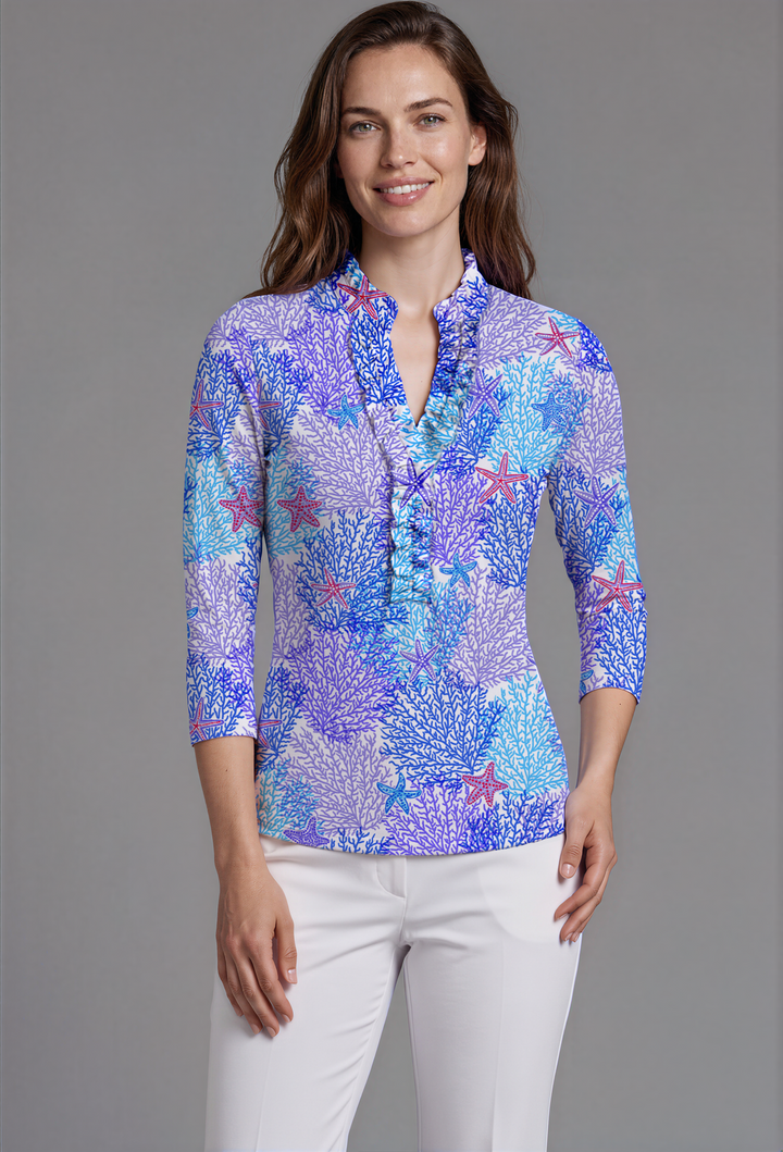 Bimini Dive Print Cotton Knit 3/4 Sleeve Ruffle Collar Neck Top