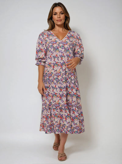 smock tiered maxi dress Sleeve Slit Neck Dress XS / Pink