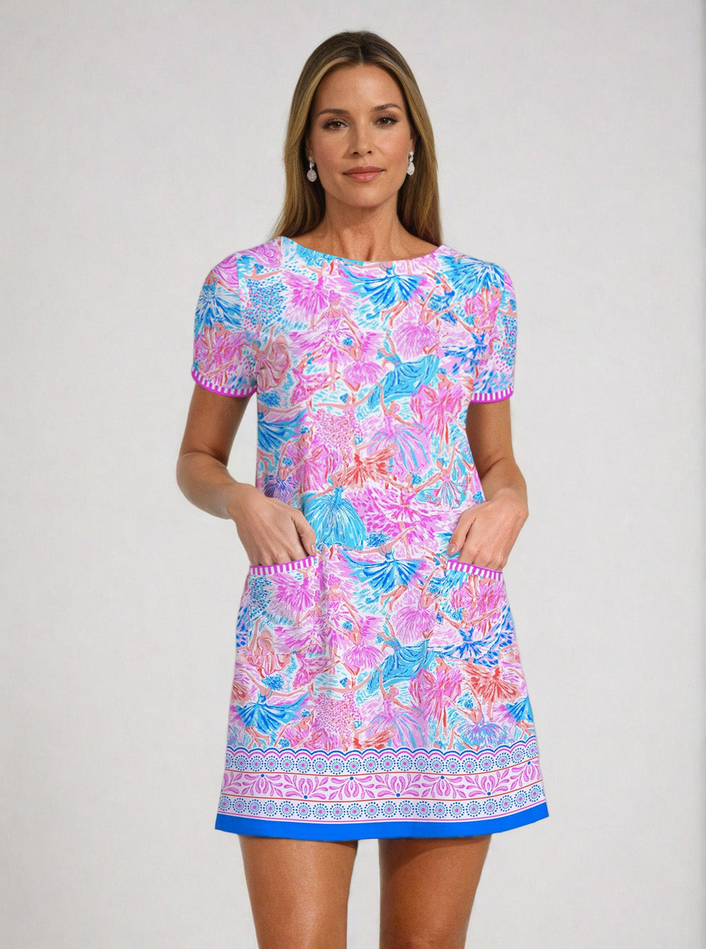 Dancing Queen Print Cotton Knit Short Sleeve Front Pipping Pocket Dress