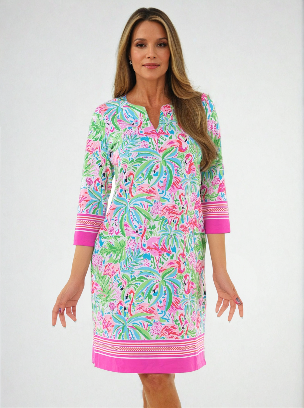 Flamingo Foliage Print Cotton Knit 3/4 Sleeve Palm Beach Shift Dress