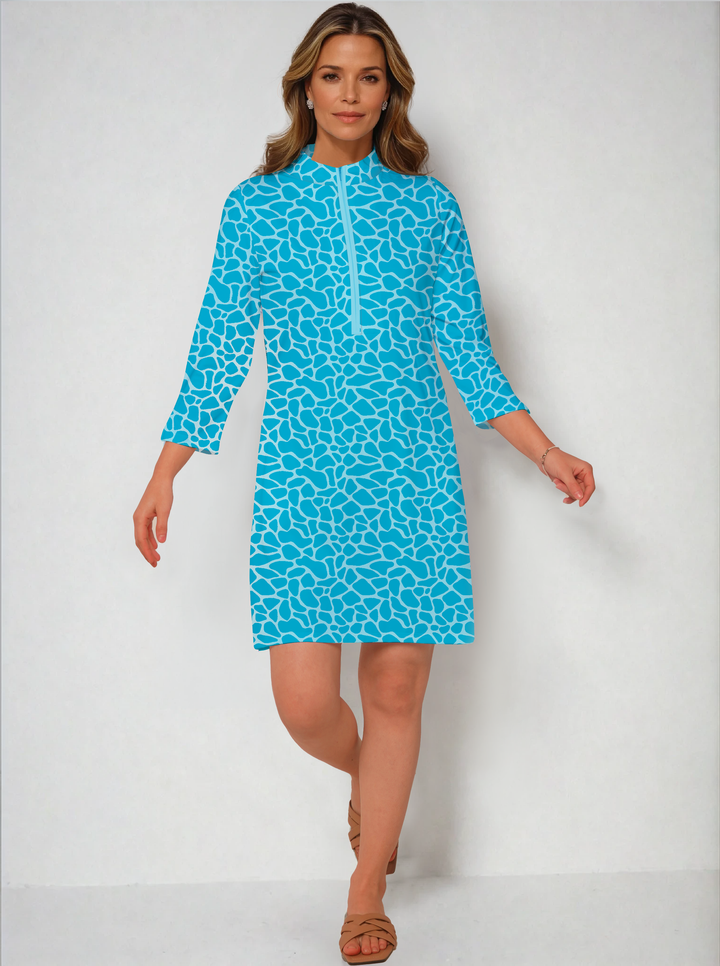 Giraffe Skin 3/4 Slit Sleeve Portrait Neckline &amp; Mock Zip Collar Poly Dress