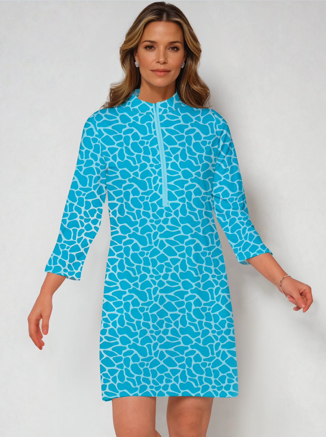 Giraffe Skin 3/4 Slit Sleeve Portrait Neckline &amp; Mock Zip Collar Poly Dress