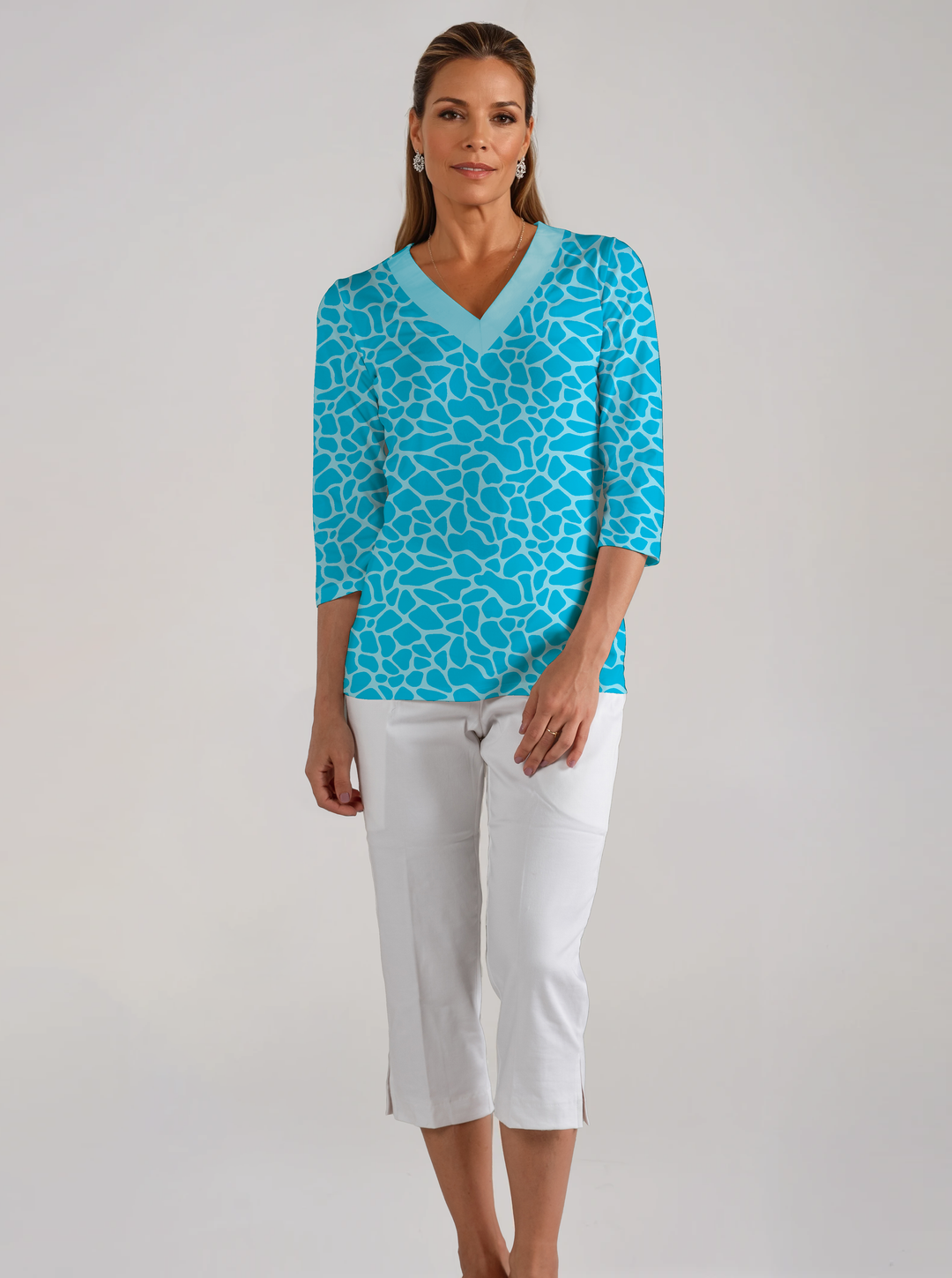 Giraffe Skin Printed 3/4 Sleeve V-Neck Poly Top