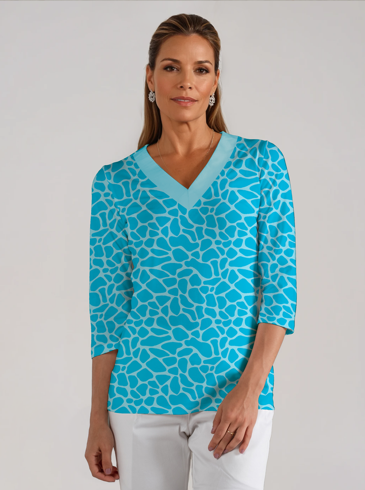Giraffe Skin Printed 3/4 Sleeve V-Neck Poly Top