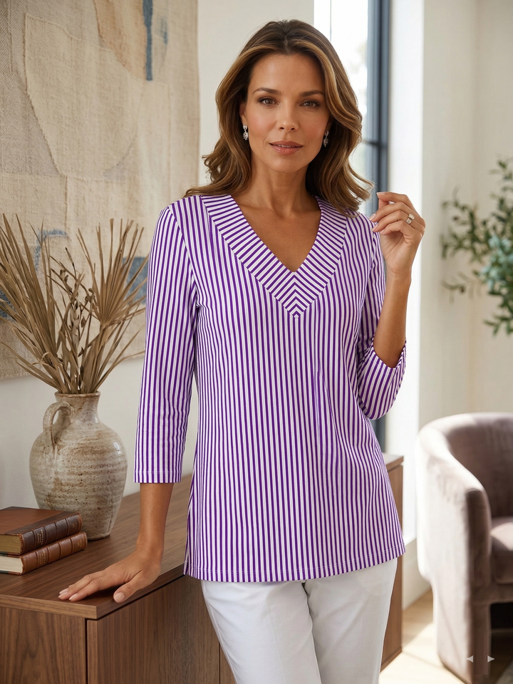 Vertical Stripe Print Cotton Knit 3/4 Sleeve V-Neck Top
