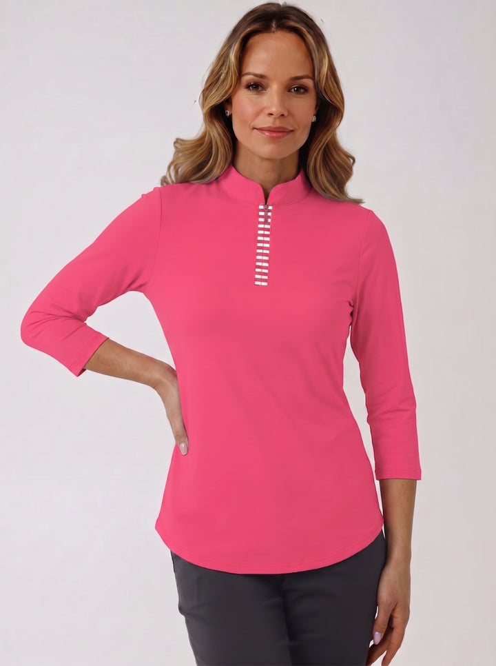 Solid Knit 3/4 Sleeve Zip Mock Neck Stripe Top