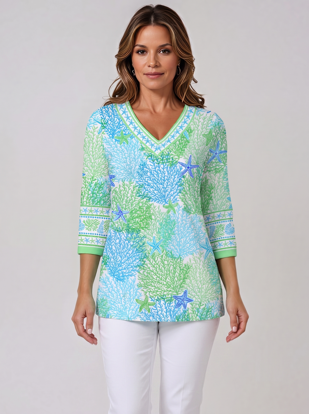 Bimini Dive Print Cotton Knit 3/4 Sleeve V-Neck Top