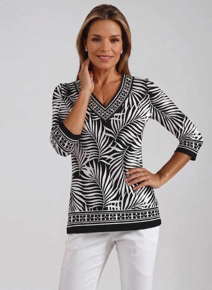 Kara Print Cotton Knit 3/4 Sleeve V-Neck Top