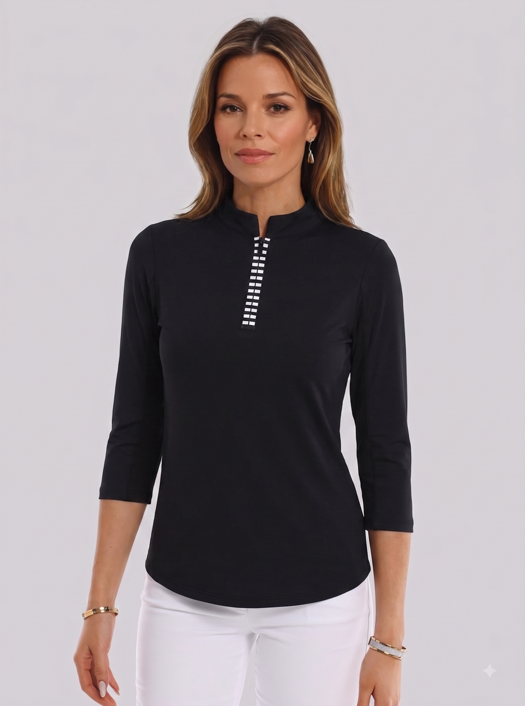 Solid Knit 3/4 Sleeve Zip Mock Neck Stripe Top