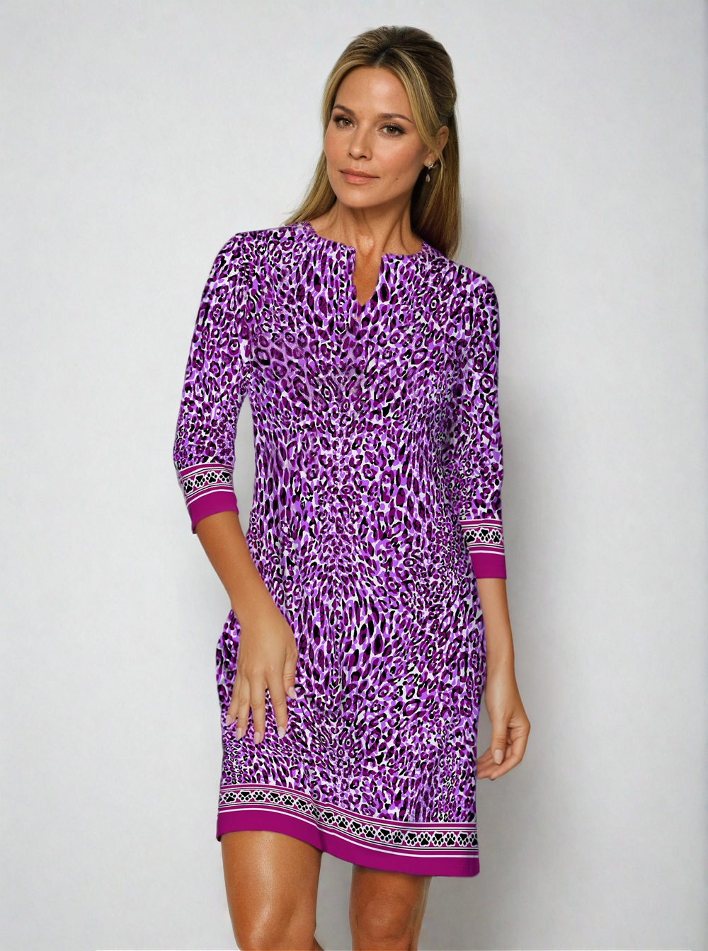 Cat Country Print Cotton Knit 3/4 Sleeve Palm Beach Shift Dress