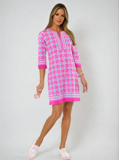 Monika Print Cotton Knit 3/4 Sleeve Slit Neck Dress