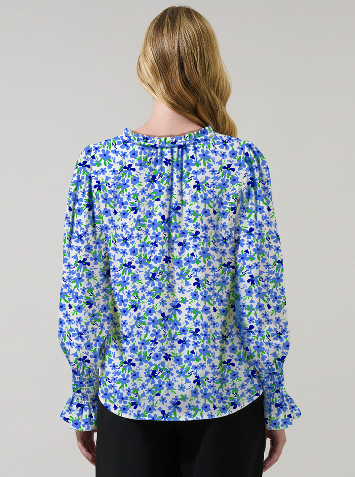 Daisy Print Thin Woven Rayon 3/4 Sleeve V-Neck Placket Top