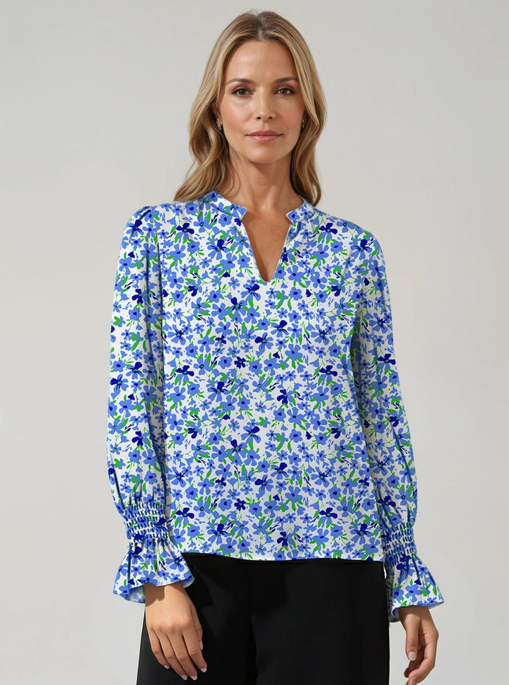 Daisy Print Thin Woven Rayon 3/4 Sleeve V-Neck Placket Top