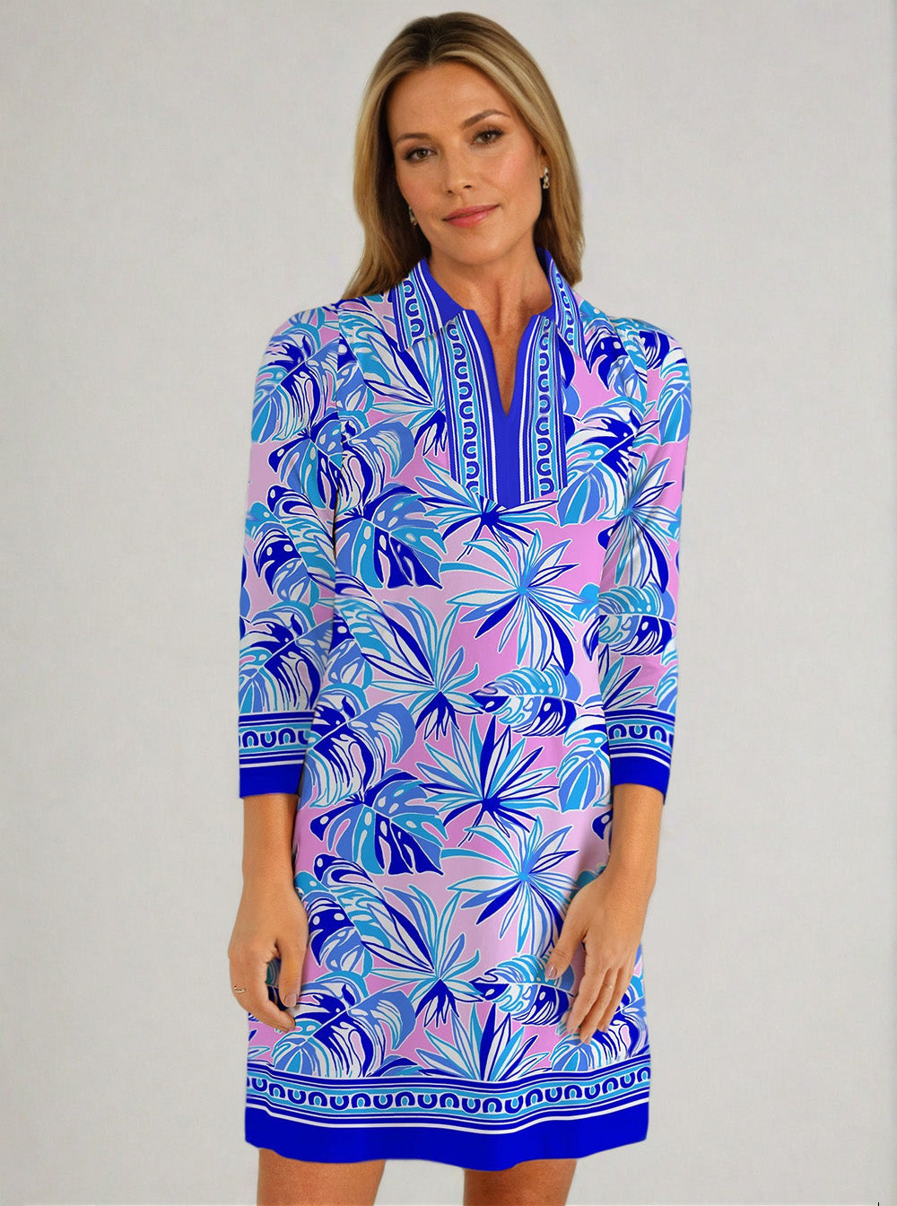 Palm Forest Print Cotton Knit 3/4 Sleeve Polo Neck Dress