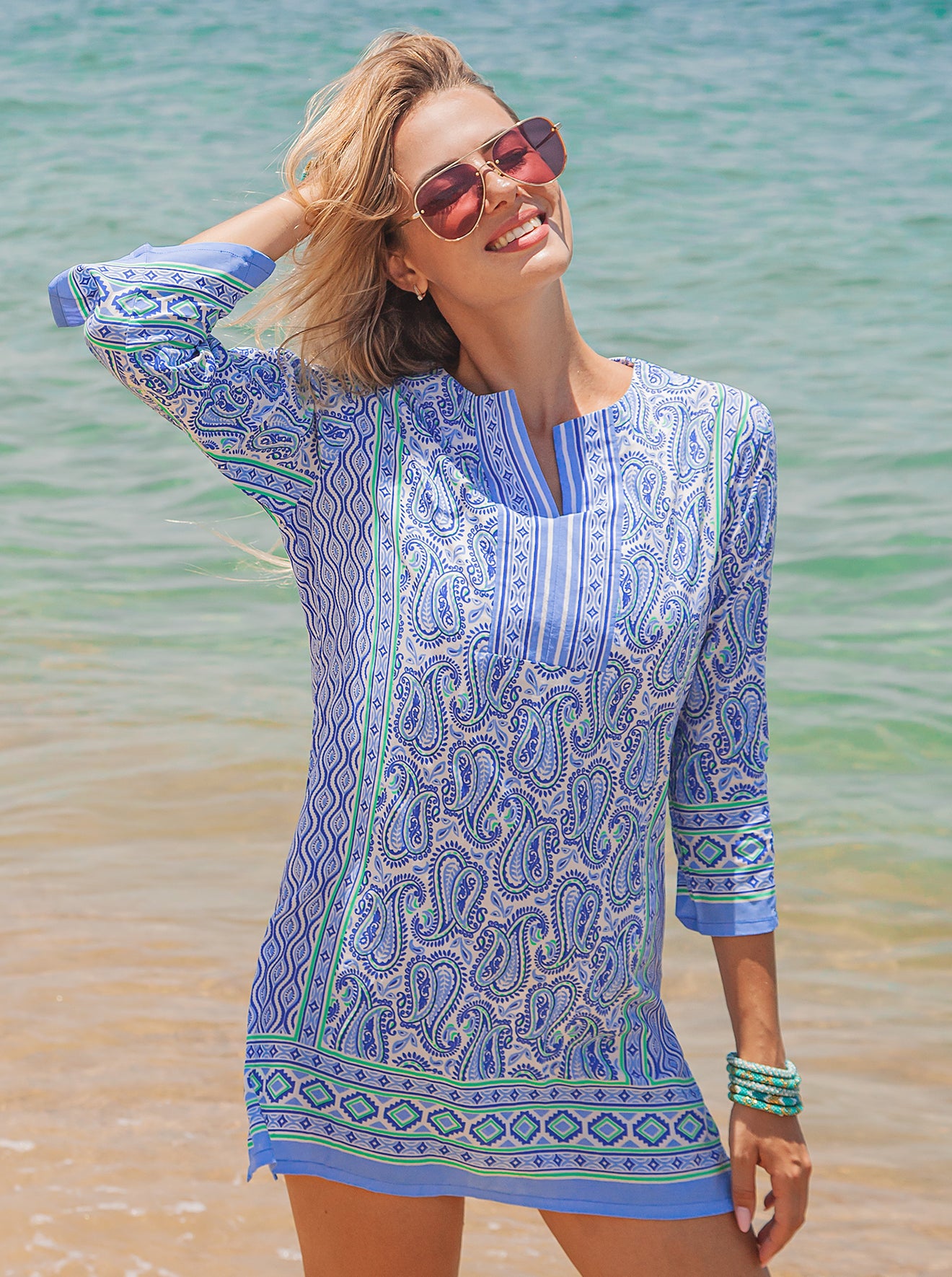 Mahrani Print 3/4 Sleeve Slit Neck Woven Tunic