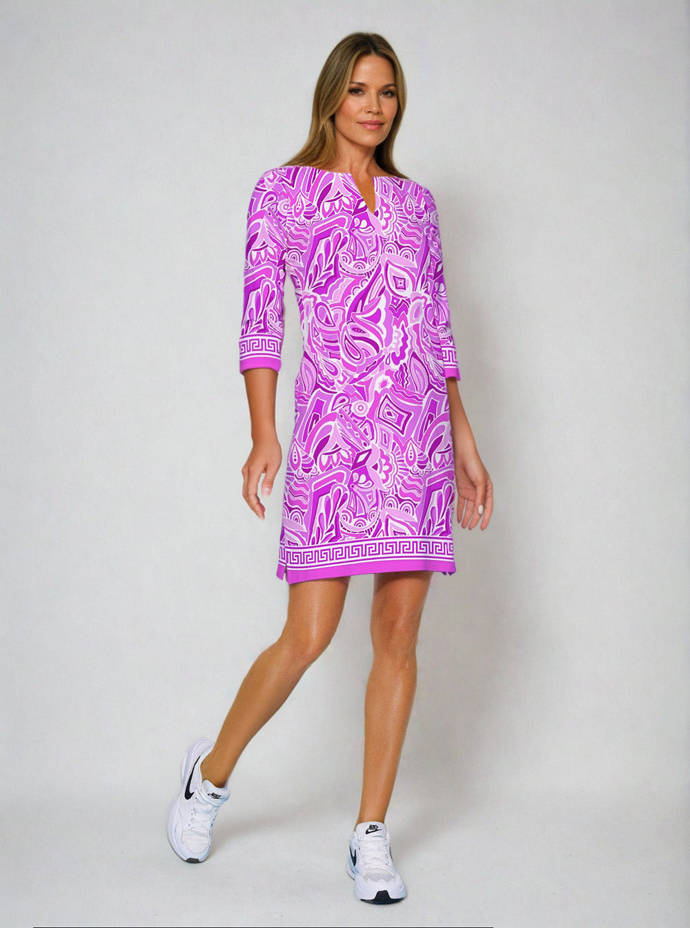 Historia Print Cotton Knit 3/4 Sleeve Palm Beach Shift Dress