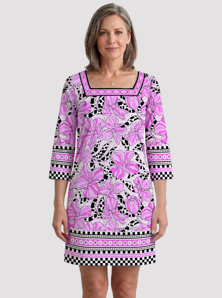 Ruby Print Cotton Knit 3/4 Sleeve Square Neck Dress (Regular Fit)