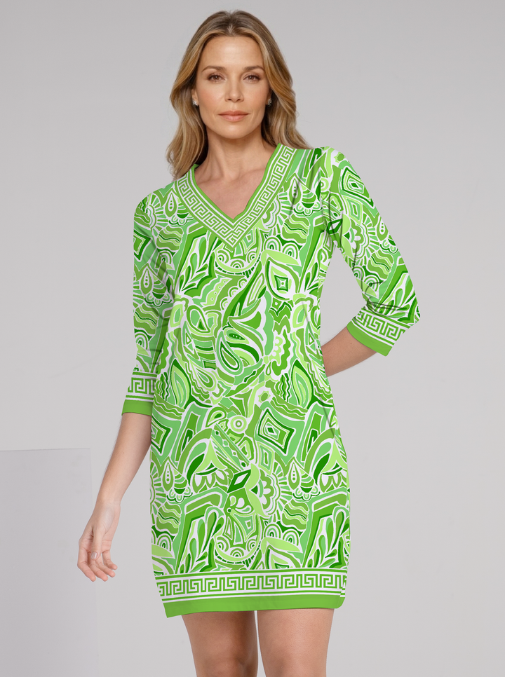 Historia Print Cotton Knit 3/4 Sleeve V-Neck Dress (Regular Fit)